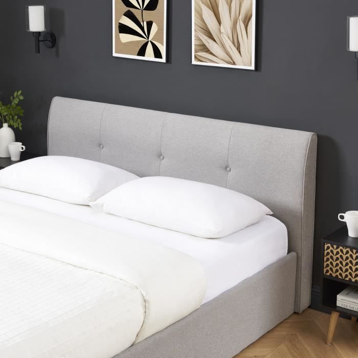 Cama con almacenamiento - BAÏTA - Gama SEGURO - Tejido gris jaspeado - 160 x 200 cm, somier de láminas incluido