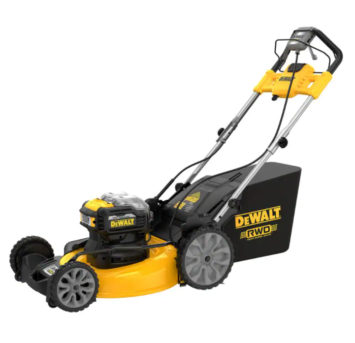 DEWALT 21-tommers 20-volts trådløs elektrisk gressklipper med hånddrevet drift, to Flexvolt 12Ah-batterier og lader