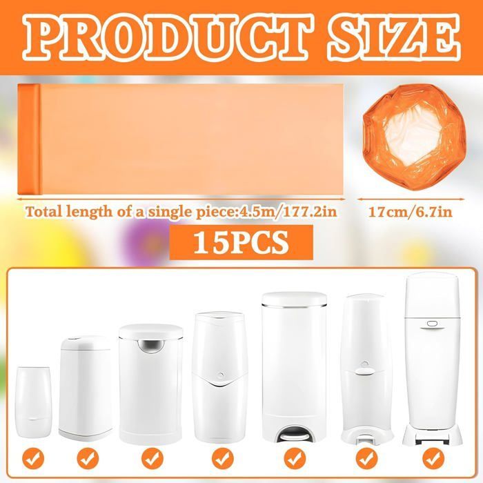 Cesto de fraldas de reposição com 15 peças, compatível com as marcas Tommee Tippee Sangenic Tec e Simplee Sangen.