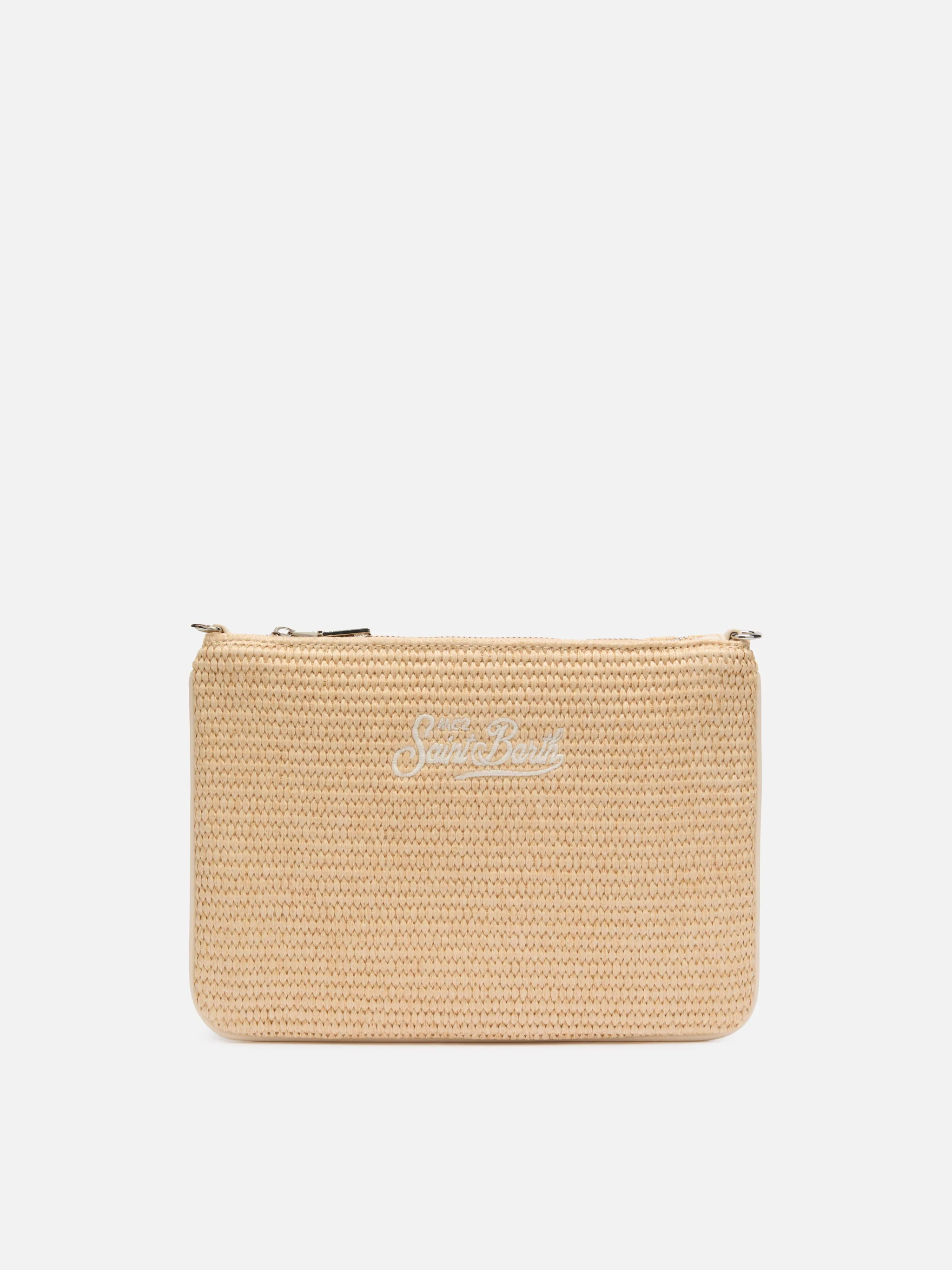Parijse clutch met stro-effect en geborduurd logo.