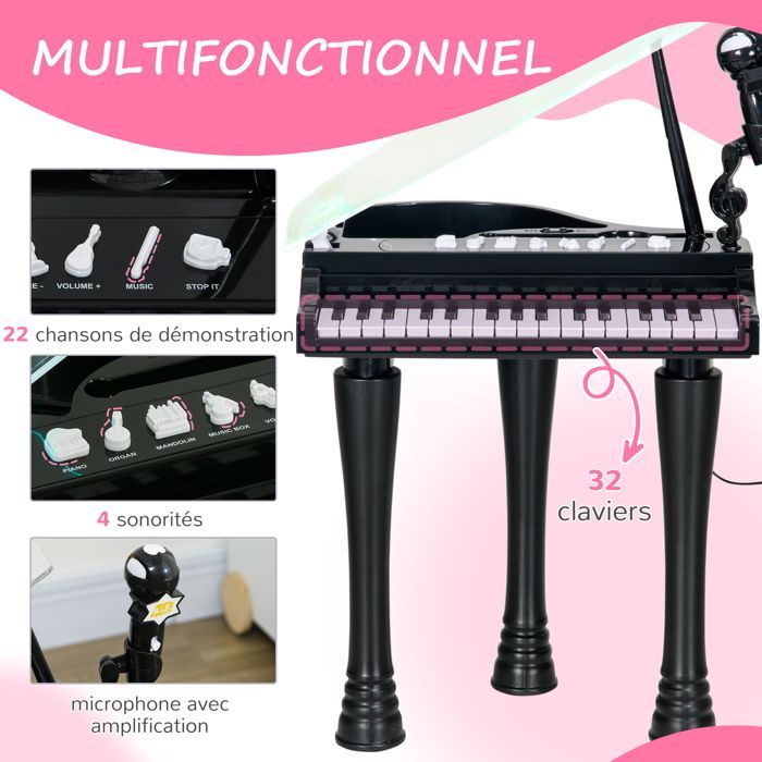 Piano electrónico infantil AIYAPLAY - 32 teclas multifuncionales, taburete pequeño, tapa con luz LED - Plástico - Negro