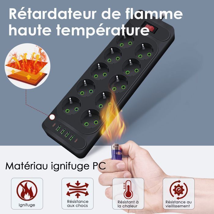 Regleta con interruptor, 10 tomas de corriente, 2500W, con 2 puertos USB-C, 4 puertos USB-A, cable de 2M, para el hogar y la oficina.