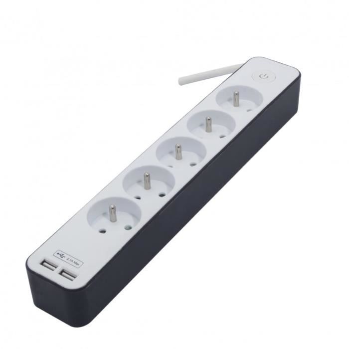 Regleta CHACON de 5 tomas de corriente y 16 A con 2 puertos USB y cable de 1,5 m HO5VV-F 3x1,5 mm² blanca y gris