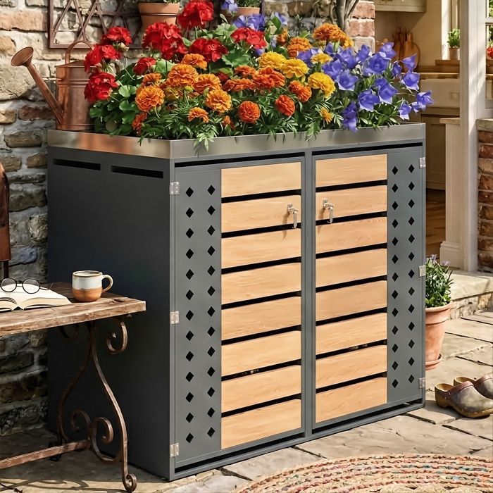 Coperchio doppio per pattumiera 132×80×124,5 cm - Fioriera integrata - Riciclabile e con chiusura a chiave - Acciaio zincato e legno