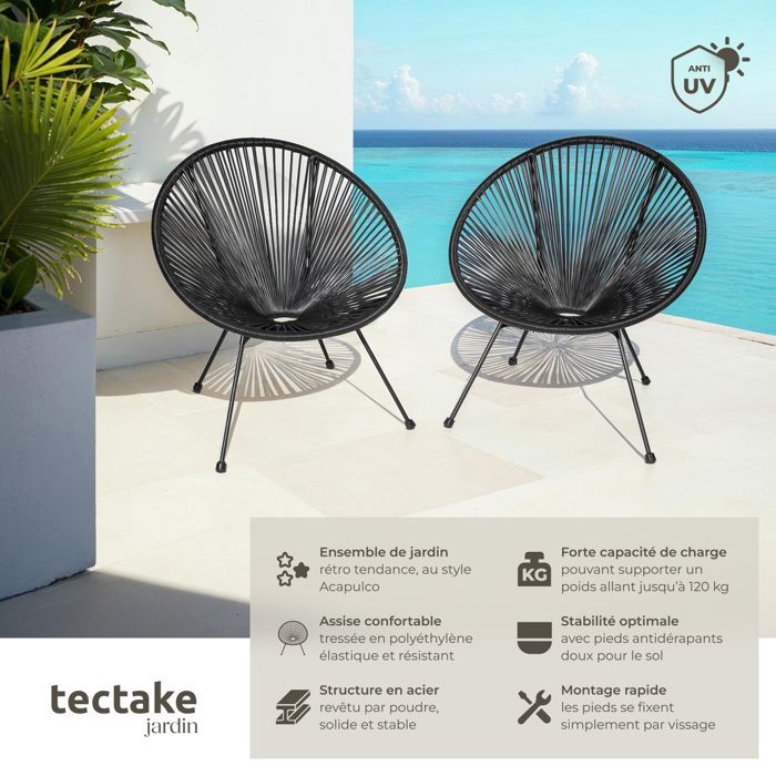 Tuinstoelen - TECTAKE - Set van 2 SANTANA tuinstoelen met elastisch polyethyleen touw, 70,5 x 69 x 78 cm - Zwart