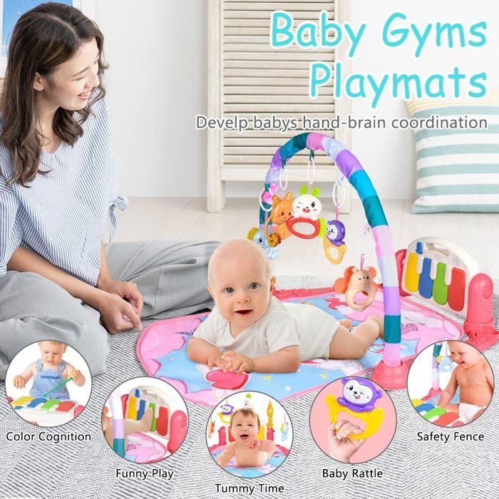 Alfombra de juegos para bebés, alfombra de actividades y juegos para recién nacidos con música y luces, arcos de juego y 5 juguetes extraíbles.