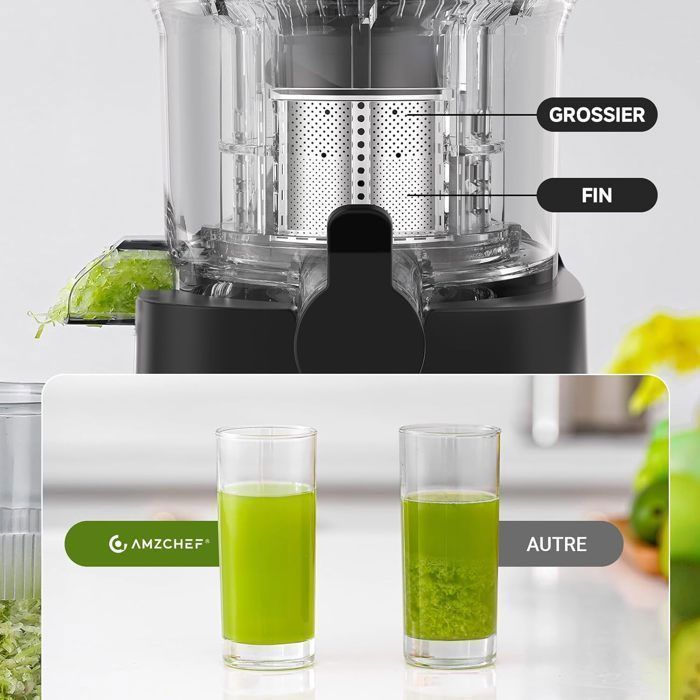 AMZCHEF 113mm Extrator de Suco de Frutas e Vegetais - Extrator de Suco de Frutas Inteiras - Extrator de Suco Lento - Prata
