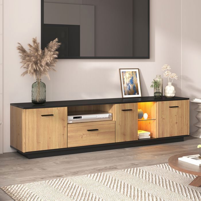 Mueble para TV LED de estilo moderno con un cajón, tres puertas, dos separadores, 180 x 40 x 45 cm, negro.