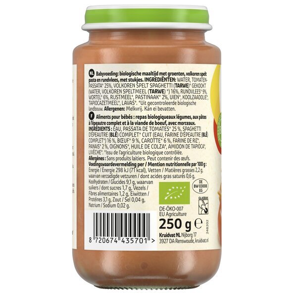 „Kruidvat“ 12+ mėnesių ekologiški spagečiai Bolonijos padaže, 250 g