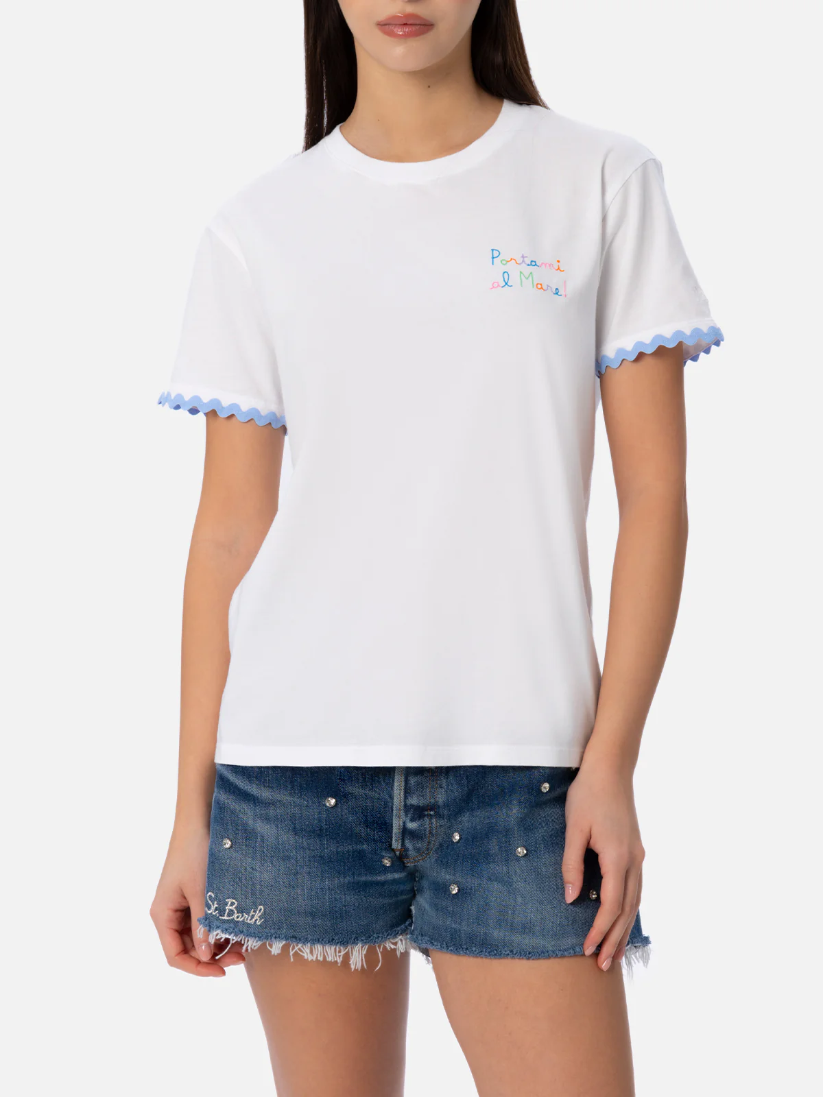 Emilie dames T-shirt met ronde hals van katoenen jersey met Porta-borduurwerk.