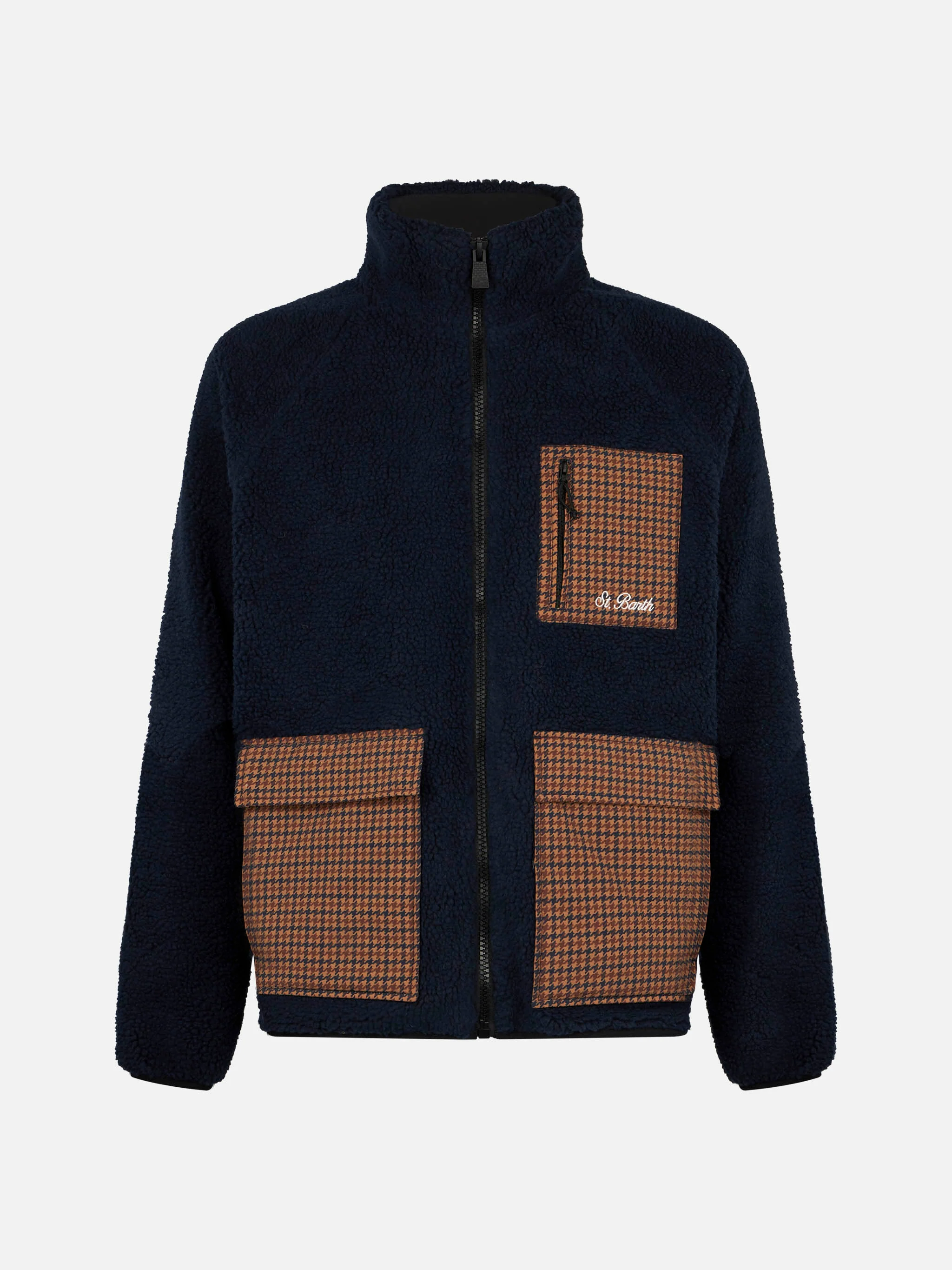 Herenjas van sherpa in blauw met opgestikte zakken en ruitpatroon.
