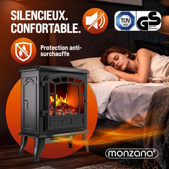 Chimenea eléctrica DEUBA® con efecto de llama, 2000 W, 2 niveles de potencia, ventilador eléctrico, calefactor LED, chimenea decorativa, color negro.