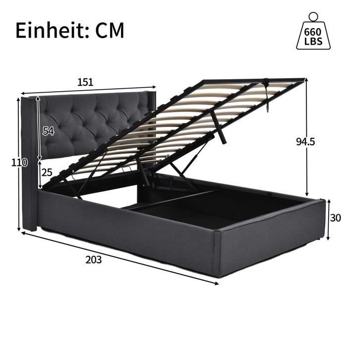 Cama com arrumação - MODERNLUXE - 140x200cm - Cinzenta - Base ripada - Com arrumação