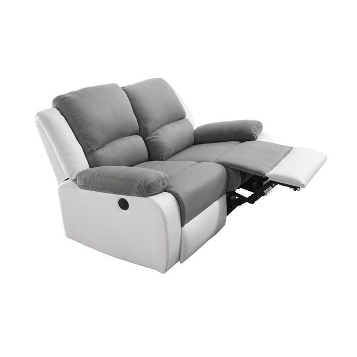 Canapé de Relaxation électrique 2 places Microfibre et Simili LEO - Blanc et gris - L143 x 93 x 96cm - LOUNGITUDE