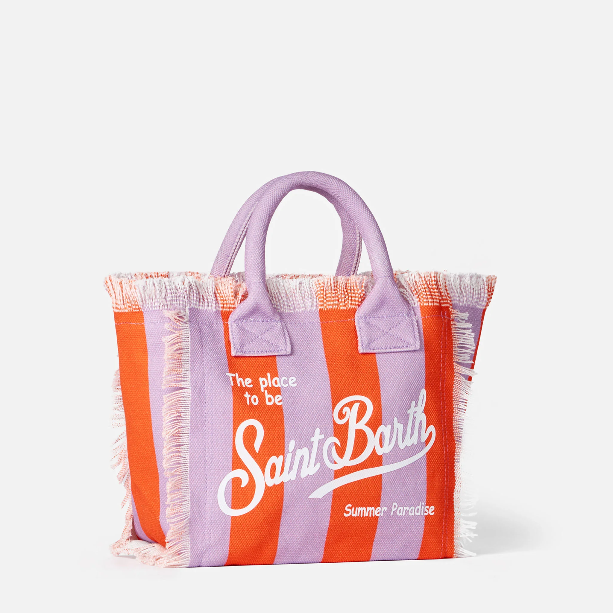 Bolsa Colette em lona de algodão | Listras lilás e vermelhas, logotipo Saint Barth, bolso interno com zíper | 100% algodão | MC2 Saint Barth