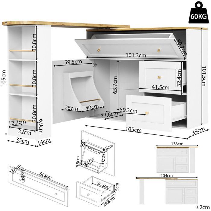 Buffet bas 138-204 × 39 × 105 cm avec table de bar extensible, Buffet de cuisine avec étagère à snacks, Buffet salon en blanc