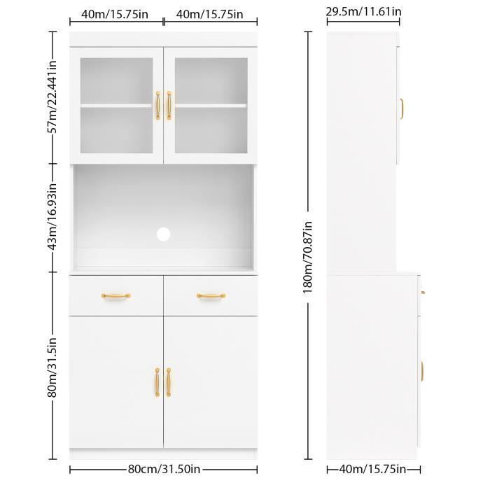 Buffet Cuisine - Armoire Meuble, - 2 Étagères Réglables - 2 Tiroirs - 80L x 40W x 180Hcm - Blanc