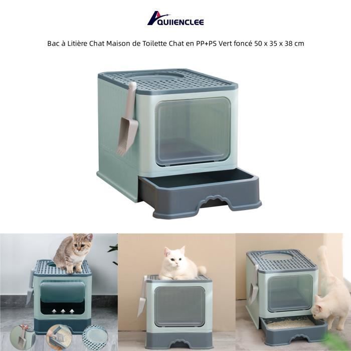 Arenero/Casita para gatos en PP+PS verde oscuro - QUIIENCLEE - Tamaño mediano - Junior