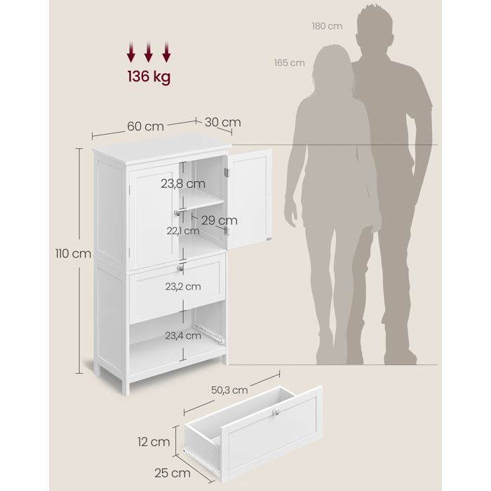 Mobiletto da bagno/cucina VASAGLE con 2 ante, 2 cassetti e ripiani regolabili, 30 x 60 x 110 cm, bianco.