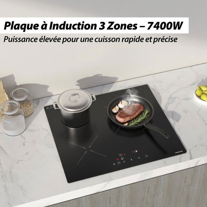 Plaque Induction FIREGAS 60 cm – 3 Foyers, 7400 W, Chauffage Rapide, Design Moderne, Haute Performance