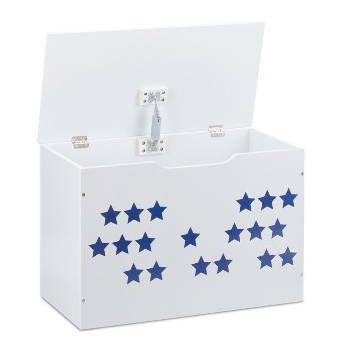 Relaxdays Coffre à jouets avec couvercle, rangement pour enfant, design étoilé, caisse à jeux, 40x60x30 cm, blanc/bleu