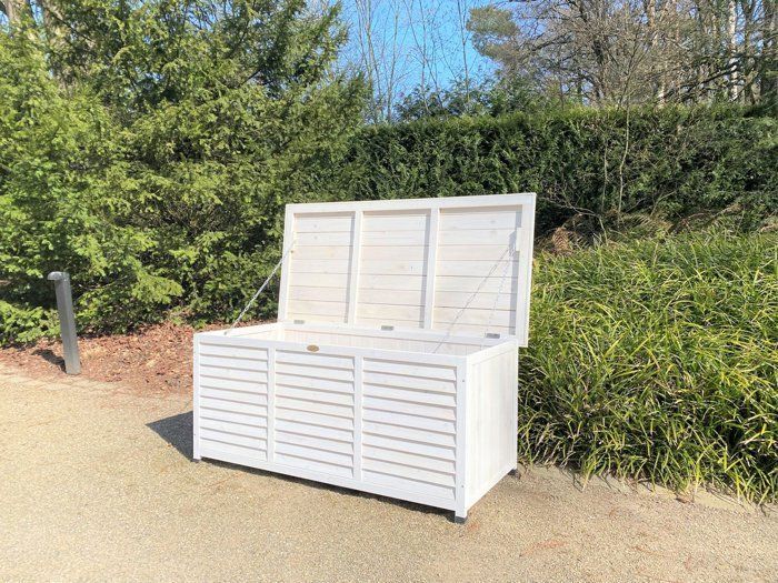 Rijoka Coffre de jardin en bois - Coffre de rangement - Toit en métal - 380 l - 1322 x 660 x 605 mm - Blanc