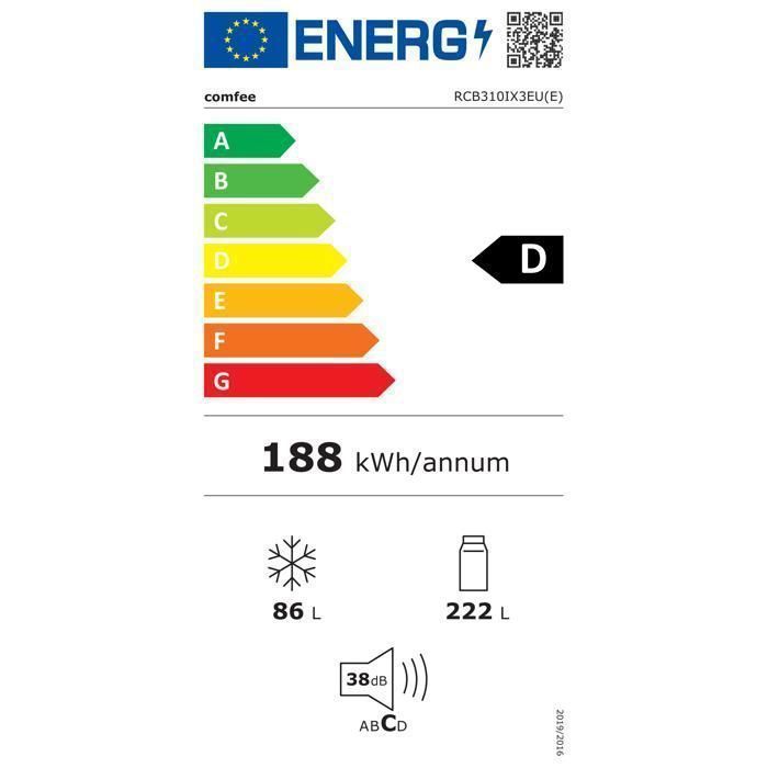 Réfrigérateur Congélateur Bas COMFEE - 308L(222L+86L) - Classe D - No Frost - L 63 cm x H 188 cm - Distributeur d'eau - Inox