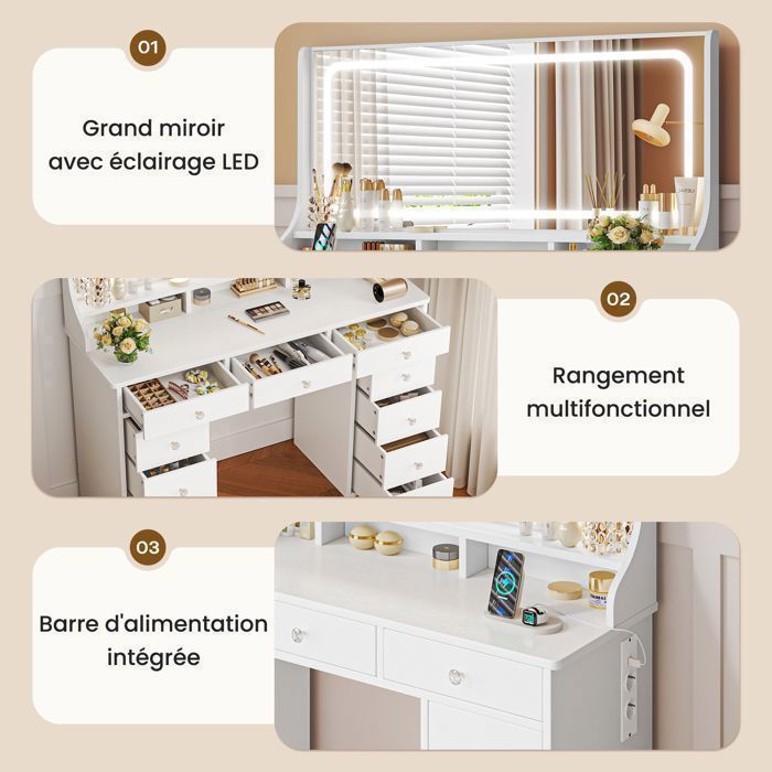 Dressing table with large LED lighted mirror, 11 drawers, power outlet + USB ports, modern white makeup table, 110x40x135cm