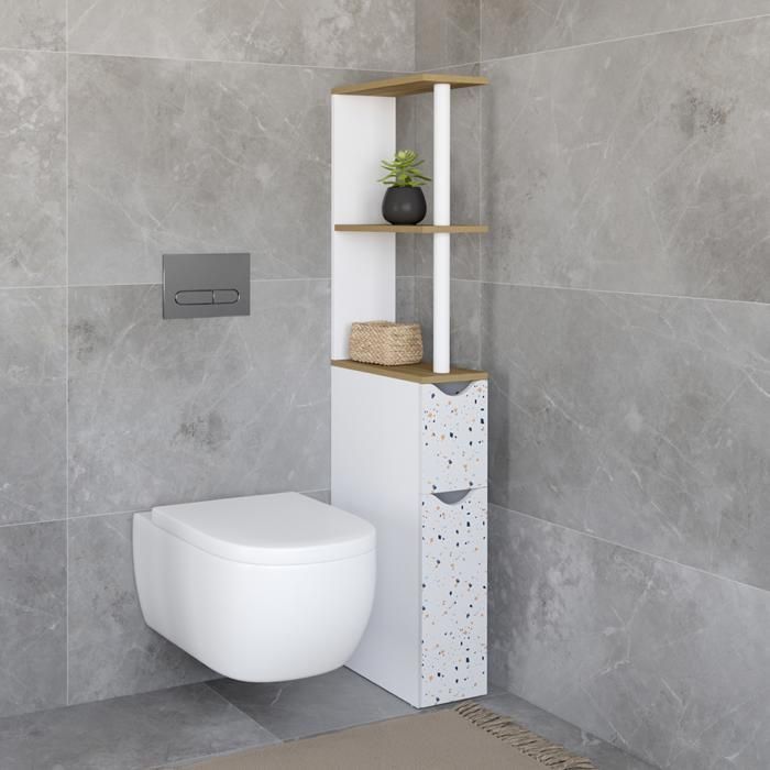 IDMARKET WILLY 2-door WC cabinet with shelf, terrazzo and beech finish