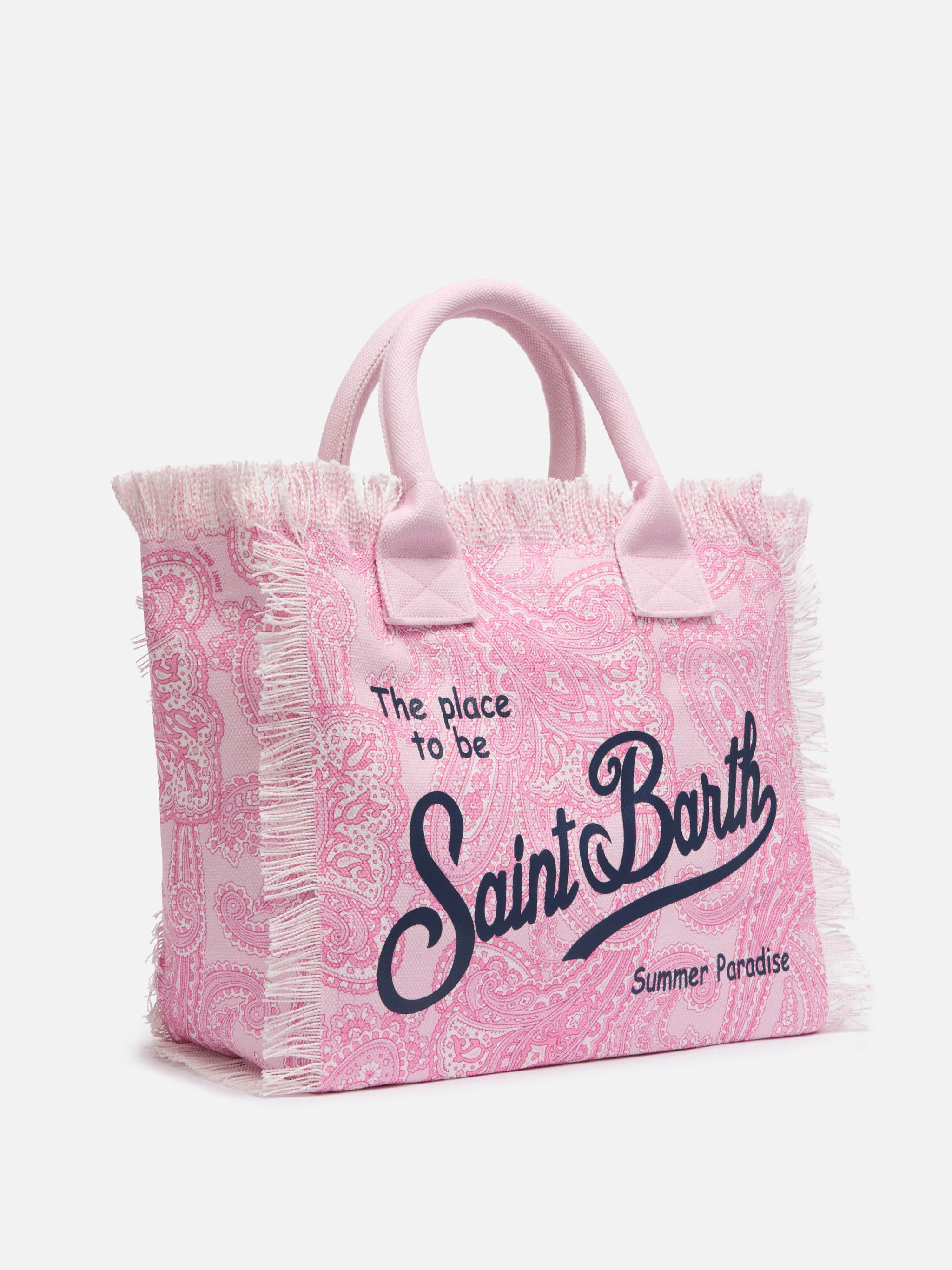 Vanity schoudertas van roze katoenen canvas met paisleyprint.