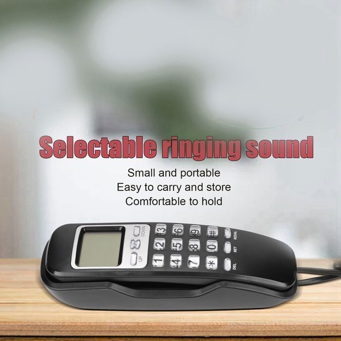 Telefone fixo com fio, tela LCD, compacto, rediscável, acabamento preto, para telefonia residencial e comercial.