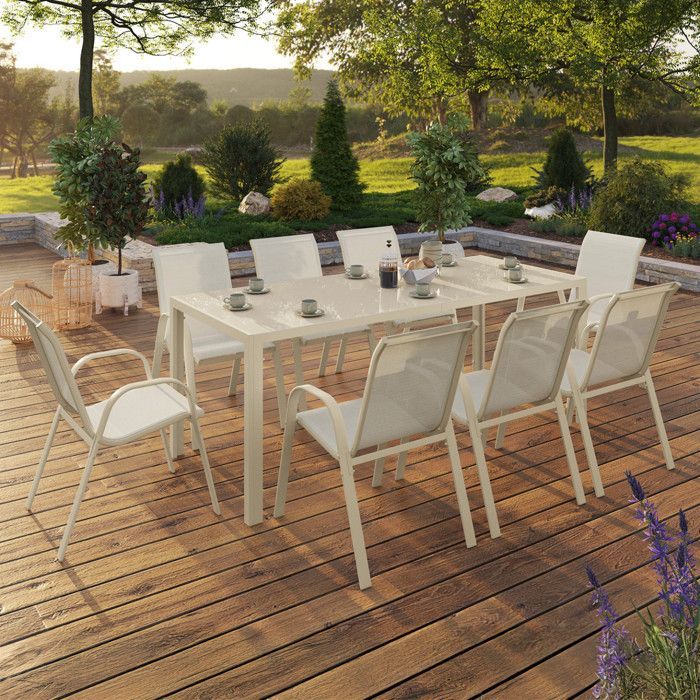 Conjunto de muebles de jardín IDMARKET MADRID: mesa de 190 cm y 8 sillas apilables, color beige.