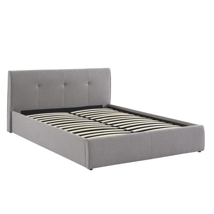 Cama con almacenamiento - BAÏTA - Gama SEGURO - Tejido gris jaspeado - 160 x 200 cm, somier de láminas incluido