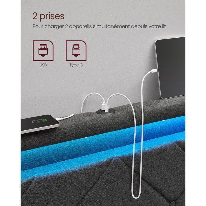 Lit Complet Double, 140 x 190 cm, avec LED, 4 Tiroirs, Multiprise, Tête de Lit Ajustable, Pas Besoin de Sommier, Gris et Noir