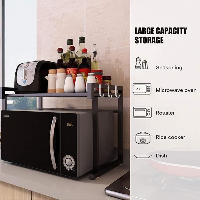 Kitchen Storage Unit, Microwave Oven Stand, Adjustable Length 40-64cm with 6 Removable Hooks - Black