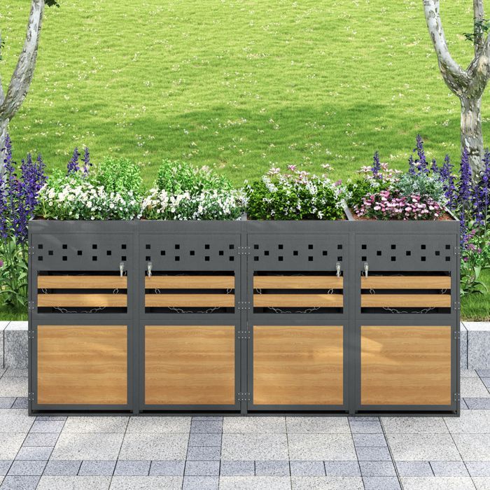 Cache Poubelle Extérieur - 4x120-240L - Acier Galvanisé - Toit Plantable - Anti-Rouille