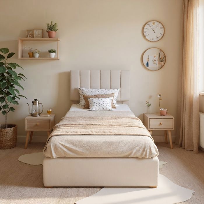 Opbergbed 90x200cm, eenpersoonsbed, bed van 90 x 200 cm met lattenbodem en opbergruimte, kinderbed, bedframe, beige, linnen