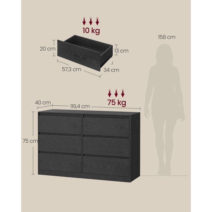 Cassettiera da camera da letto a 6 cassetti - VASAGLE - Moderna - Finitura in legno nero - Sistema antiribaltamento