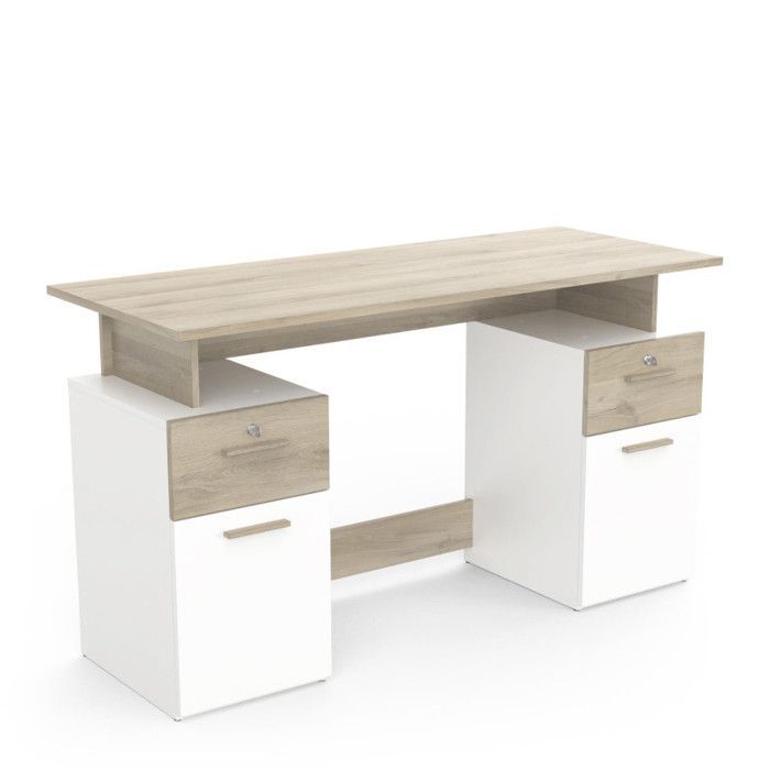 Desk with storage - PLATON - Oak / matte white - W134.8 x D55 x H76.4 cm - DEMEYRE