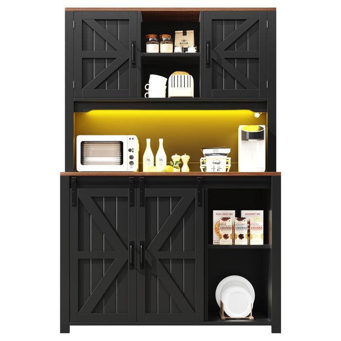 Country-style kitchen sideboard - MODERNLUXE - 115x40x175 cm - 4 doors - 2 drawers - LED lighting - Black - MDF