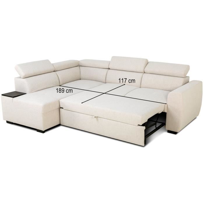 Sofá esquinero convertible reversible - 4/5 plazas - KELIO - Tela beige - 3 reposacabezas - 245 x 184 x 77/87 cm