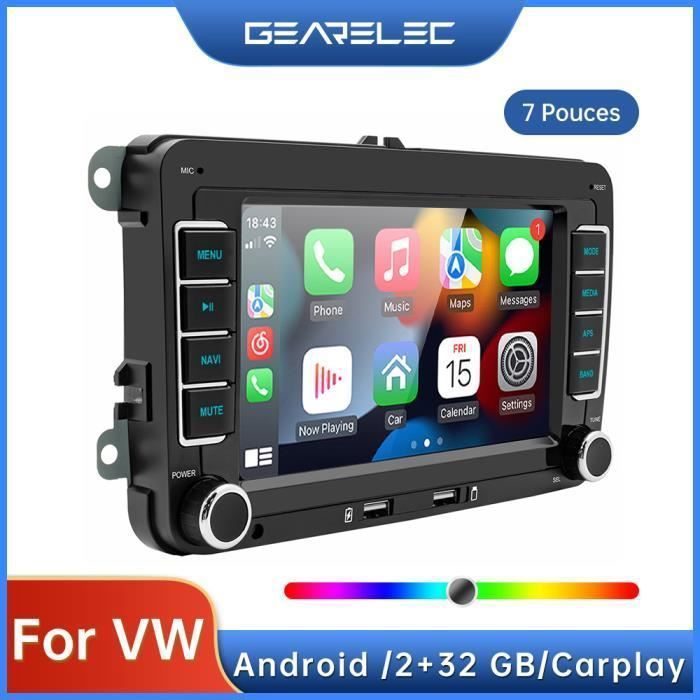 Radio para coche GEARELEC de 7 pulgadas para VW con Android 10.1, CarPlay, navegación GPS, WiFi, Bluetooth, RDS y radio FM/AM.