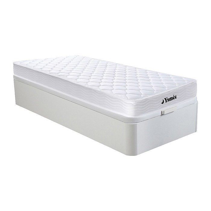 Base de cama con almacenamiento WOLKENLOS de YSMÉE de 90 x 190 cm, color blanco + colchón de muelles y espuma viscoelástica de 15 cm de grosor.