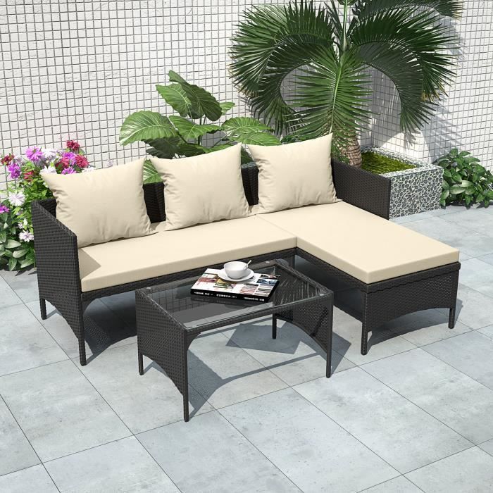 Canapé de jardin | Salon de jardin en imitation résine tressée | avec coussins et table basse | 4 personnes | Noir
