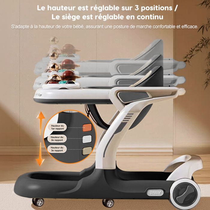 Andador convertible 2 en 1 para bebés - Altura y velocidad ajustables - Bandeja para comida, música Bluetooth, alfombra de juegos, juguete para empujar - De 7 a 18 meses - Gris