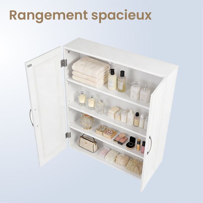 Placard de Rangement Mural, Étagères Réglables, Armoire à Pharmacie pour Salle de Bain, 60 x 60 x 18 cm, Blanc