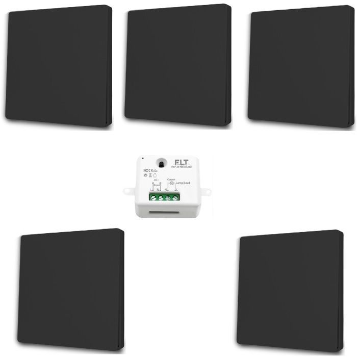 Kit interrupteur va et vient sans fil et sans pile auto alimenté piézoélectrique - 5 boutons émetteurs + 1 récepteur - NOIR