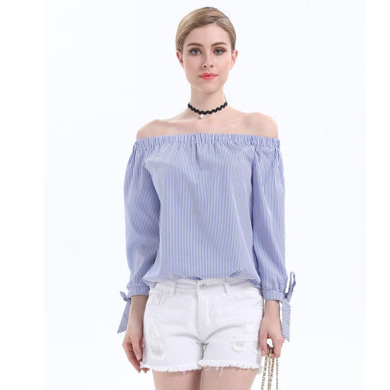 Blusa de mujer a rayas con hombros descubiertos, blusa de verano de manga larga para mujer, camisas casuales, blusa sexy suelta azul Joker Tops