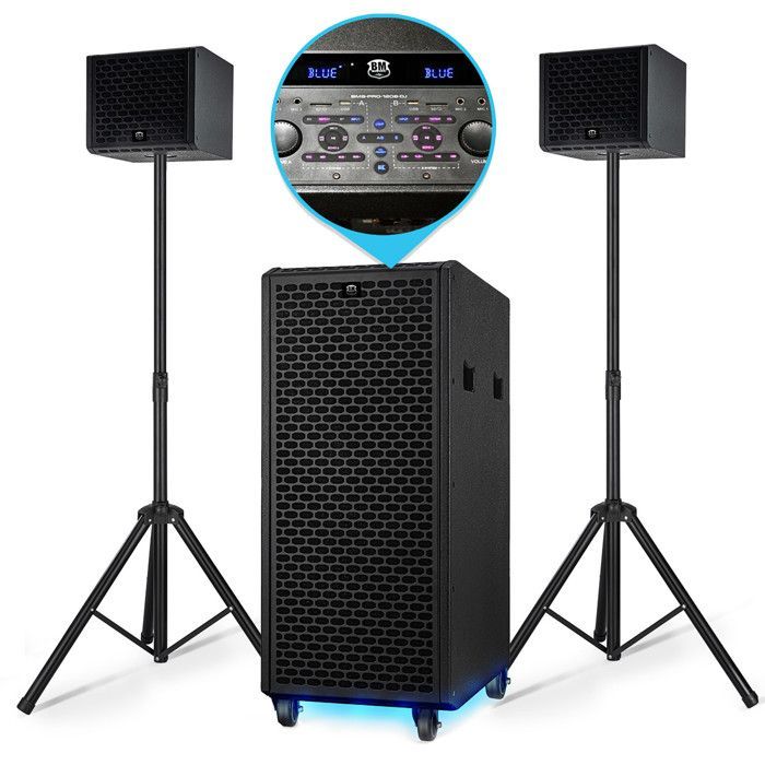 Pacchetto completo del sistema PA BM SONIC BMS-PRO1208-DJ: subwoofer amplificato da 2000 W (700 W RMS) + 2 altoparlanti satellite da 150 W, 2 x Bluetooth, 2 x USB, ottico, AUX, FM