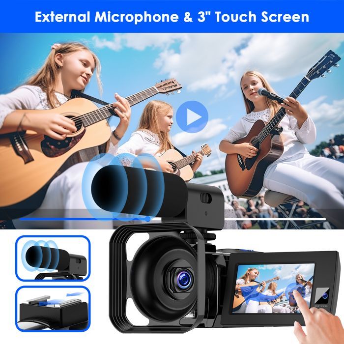 Câmera de vídeo Camark 5K+1080P com lente dupla de 56MP, tela sensível ao toque de 3